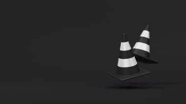 Siyah arka planda yüzen bir çift beyaz siyah trafik konisi. Güvenlik uyarısı, yapım aşamasında ya da yakında sembol olacak. 3d oluşturma döngüsü.