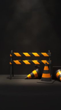 Siyah arka planda yanıp sönen ışığın altında turuncu siyah trafik konileri ve bariyerler. Güvenlik uyarısı, yapım aşamasında ya da yakında sembol olacak. Dikey 3d görüntüleme döngüsü.