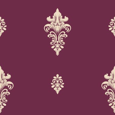 Damask kraliyet kırmızı modern kusursuz desen elementi. Klasik klasik İspanyol kumaşı, duvar kağıtları için pürüzsüz doku, tekstil.