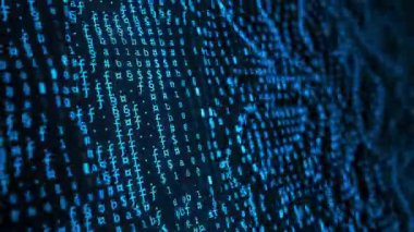 Soyut ikili mavi semboller akan ekran. Bilgisayar kodlarının akışı. Yazılım engelleme zinciri veritabanı büyük veri akışı. Veri matrisi hareket döngüsü