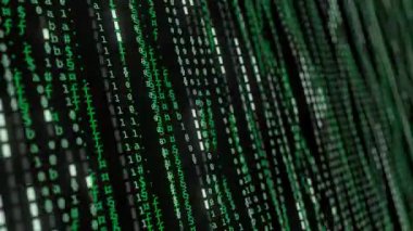 Soyut ikili yeşil semboller akan ekran. Bilgisayar kodlarının akışı. Yazılım engelleme zinciri veritabanı büyük veri akışı. Veri matrisi hareket döngüsü
