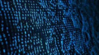 Soyut ikili mavi semboller akan ekran. Bilgisayar kodlarının akışı. Yazılım engelleme zinciri veritabanı büyük veri akışı. Veri matrisi hareket döngüsü