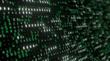 Soyut ikili yeşil semboller akan ekran. Bilgisayar kodlarının akışı. Yazılım engelleme zinciri veritabanı büyük veri akışı. Veri matrisi hareket döngüsü