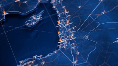 Hayfa haritası büyük veri görselleştirmesi. İsrail 'deki şehrin gelecekteki haritası. Modern mavi ve turuncu renklerde görsel harita veri karmaşıklığı.