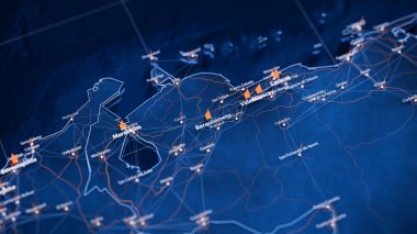 Barquisimeto büyük veri görselleştirme haritası. Venezuela 'daki şehrin gelecekteki haritası. Modern mavi ve turuncu renklerde görsel harita veri karmaşıklığı.
