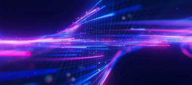 Büyük veri ışık hızının, sığ DOF ile bükülmüş akışına yakın çekim. Kuantum hesaplamasının soyut dijital veri akışı. Qubit izlerinin siber uzayı. Modern teknoloji bilgi iletimi