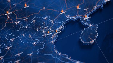 Haiphong haritası büyük veri görselleştirmesi. Vietnam 'daki şehrin gelecekteki haritası. Modern mavi ve turuncu renklerde görsel harita veri karmaşıklığı.