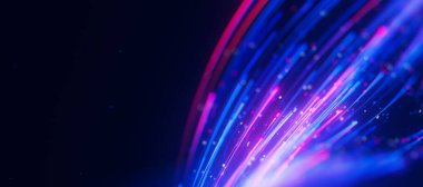 Büyük veri ışık hızı izlerinin kapanışı. Kuantum hesaplamasının soyut dijital veri akışı. Qubit izlerinin siber uzayı. Modern teknoloji bilgi iletimi