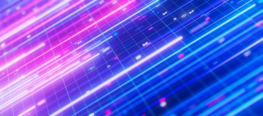 Büyük veri ışık hızı bükülmüş akış. Kuantum hesaplamasının soyut dijital veri akışı. Qubit iz dalgalarının siber uzayı. Modern teknoloji bilgi iletimi