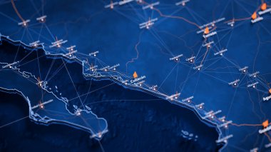 Culiacan haritası büyük veri görselleştirmesi. Meksika 'daki şehrin gelecekteki haritası. Modern mavi ve turuncu renklerde görsel harita veri karmaşıklığı.