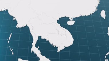 Mavi Vietnam haritası. Sivri raptiyeli. Etrafı beyazlı diğer ülkelerle çevrili. Sınır animasyonlu siyasi harita. 3d hazırlayıcı.