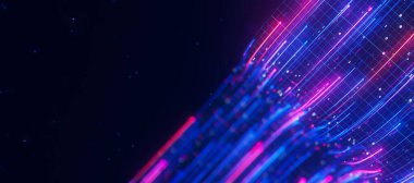 Bigdata ışık hızı veri akışının kapanışı. Kuantum hesaplamasının soyut dijital veri akışı. Qubit izlerinin siber uzayı. Modern teknoloji bilgi iletimi