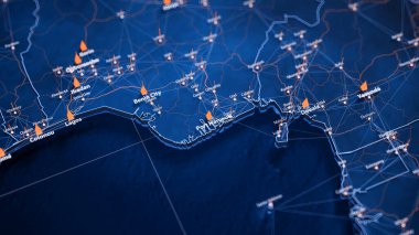 Port Harcourt haritası büyük veri görselleştirmesi. Nijerya 'daki şehrin gelecekteki haritası. Modern mavi ve turuncu renklerde görsel harita veri karmaşıklığı.