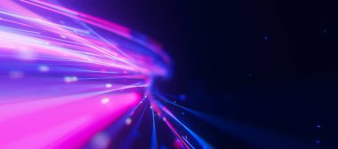 Sonsuzluğa doğru büyük veri ışık hızı izi akışının yakınlaştırılması. Kuantum hesaplamasının soyut dijital veri akışı. Qubit izlerinin siber uzayı. Modern teknoloji bilgi iletimi