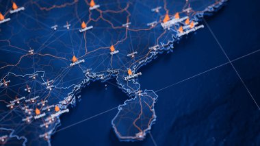 Zhanjiang haritası büyük veri görselleştirmesi. Çin 'deki şehrin gelecekteki haritası. Modern mavi ve turuncu renklerde görsel harita veri karmaşıklığı.