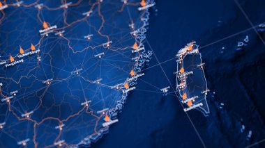 Quanzhou haritası büyük veri görselleştirmesi. Çin 'deki şehrin gelecekteki haritası. Modern mavi ve turuncu renklerde görsel harita veri karmaşıklığı.