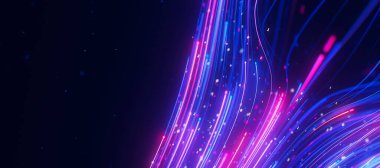 Büyük veri ışık hızının yaklaşması engellerden kaçınarak yukarı doğru akıyor. Kuantum hesaplamasının soyut dijital veri akışı. Qubit iz dalgalarının siber uzayı. Modern teknoloji bilgi iletimi