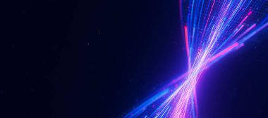 Büyük veri ışık hızının bükülmüş akışına yakın çekim. Kuantum hesaplamasının soyut dijital veri akışı. Qubit iz dalgalarının siber uzayı. Modern teknoloji bilgi iletimi