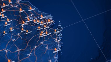 Ningbo haritası büyük veri görselleştirmesi. Çin 'deki şehrin gelecekteki haritası. Modern mavi ve turuncu renklerde görsel harita veri karmaşıklığı.