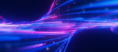 Büyük veri ışık hızının, sığ DOF ile bükülmüş akışına yakın çekim. Kuantum hesaplamasının soyut dijital veri akışı. Qubit izlerinin siber uzayı. Modern teknoloji bilgi iletimi