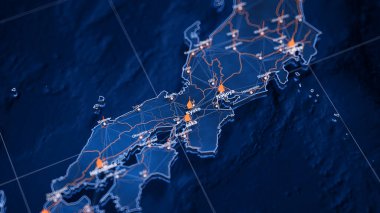 Kyoto büyük veri görselleştirme haritası. Japonya 'daki şehrin gelecekteki haritası. Modern mavi ve turuncu renklerde görsel harita veri karmaşıklığı.