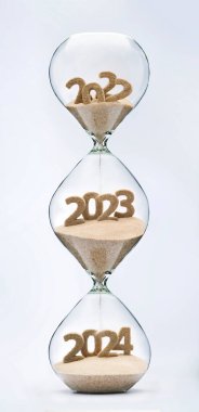 Past, present and future concept. 3 part hourglass. Falling sand taking the shape of years 2022, 2023 and 2024.