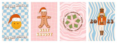 Yılbaşı tebrik kartı seti. 70 'lerin havalı hippi posterleri. Komik gülücük, Noel askeri, zencefilli kurabiye adam, puantiye vs. Y2k estetik arka planında vektör tasarımı.