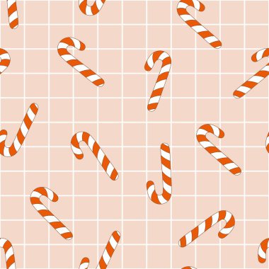 Dama tahtası arka planında harika şeker kamışı desenleri olan eski yılbaşı kusursuz desenleri. Kış tatili kartpostalları, davetiyeler, ambalaj kağıtları vs. için klasik vektör.