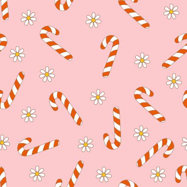 Güzelim baston şekerler ve sevimli çiçeklerle Noel 'in eski, pürüzsüz deseni. Kış tatili kartpostalları, davetiyeler, ambalaj kağıtları vs. için klasik vektör.