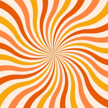 Retro Groovy 70 'lerin arka planı. Y2k estetik spiral ışın patlaması. Dönen radyal girdap arka planı. Kırmızı, sarı ve turuncu renkler. Moda vektör arkaplanı.