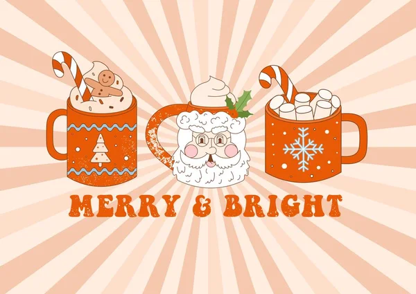 サンレイを背景にココアドリンクのマグカップとクリスマスレトログリーティングカード 70年代スタイルのキャンディー杖 マシュマロを使用したグルービーホットチョコレートカップ クリスマスのタイポグラフィメリーとブライト 休日のはがき 招待状 ステッカーのためのベクトルイラストE — ストックベクタ