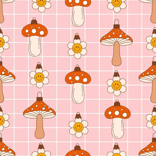 Yılbaşı modası geçmiş Noel mantarı ve çiçek oyuncaklarıyla kusursuz bir model. Dama tahtasında Noel oyuncakları. Davetiye, ambalaj kağıdı, ambalaj vs. için klasik vektör.