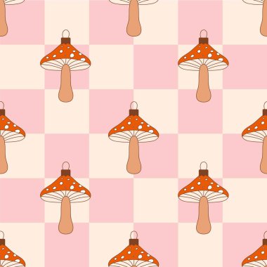 Modaya uygun Noel mantarı oyuncaklarıyla yeni yıl kusursuz deseni. Dama tahtasında Noel oyuncakları. Davetiye, ambalaj kağıdı, ambalaj vs. için klasik vektör.