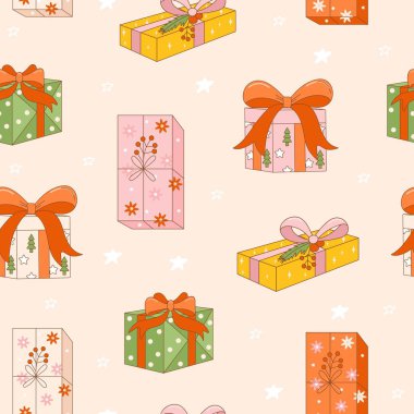 Eski yılbaşı kusursuz desenli ve çeşitli hediyeler. Kış tatili kartpostalları, davetiyeler, ambalaj kağıtları vs. için klasik vektör.
