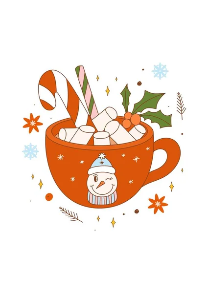 Retro Weihnachtsgrußkarte Mit Einem Becher Kakaogetränk Groovige Tasse Heiße Schokolade — Stockvektor