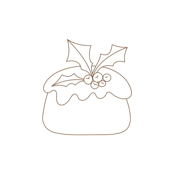 クリスマスケーキのぬりえページアウトライン 伝統的なクリスマスプディングにホリーの葉が描かれています ぬり絵ベクトル本大人と子供のための抗ストレス — ストックベクタ