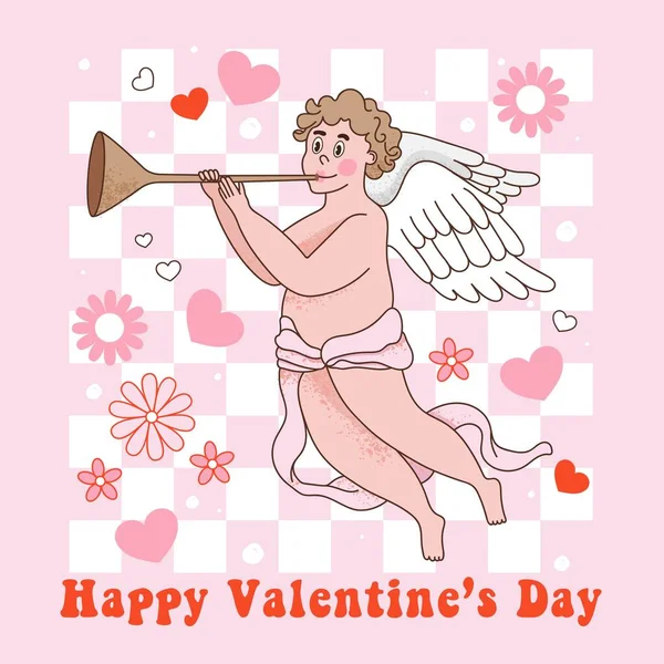 Happy Valentine Day Greeting Card Groovy Hippie Cupid Flute Hearts —  Vetores de Stock