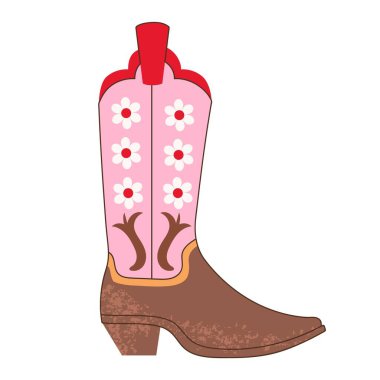 Süslü Retro Kovboy çizmeleri. Kovboy kovboy ve vahşi batı teması. Kartpostal, tişört, çıkartma vs. için vektör izole tasarımı.