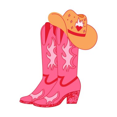 Şapkalı Retro Cowgirl çizmeleri. Kovboy kovboy ve vahşi batı teması. Kartpostal, tişört, çıkartma vs. için vektör izole tasarımı.