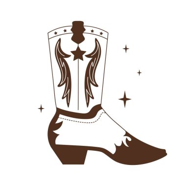 Süslü Retro Kovboy çizmeleri. Kovboy kovboy ve vahşi batı teması. Kartpostal, tişört, çıkartma vs. için izole edilmiş beyaz ve siyah tasarım.