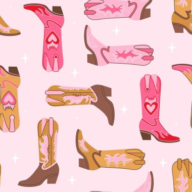 Farklı kovboy çizmeleriyle, geriye dönük, pürüzsüz desen. Çeşitli parlak renkli çizmeler. Davetiye, ambalaj kağıdı, ambalaj vs. için Vahşi Batı tarzı moda vektörü.