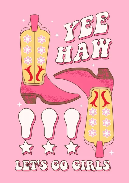 Botas Retro Pink Cowgirl Yee Haw Vamos Citas Chicas Tema — Vector de stock