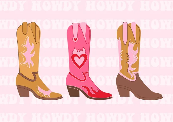 Retro Colourful Cowgirl Boots Howdy Quotes Cowboy Western Wild West — Stock Vector