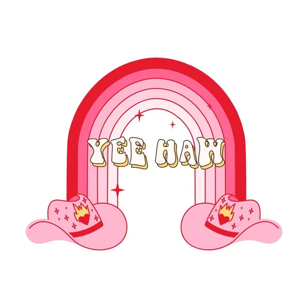 Sombreros Retro Pink Cowgirl Con Arco Iris Yee Haw Citas — Vector de stock