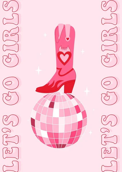 Retro Pink Cowgirl Stövlar Med Disco Boll Låt Oss Flickor — Stock vektor