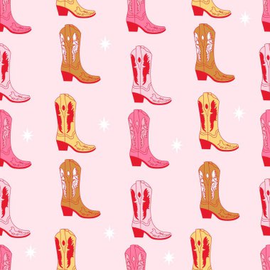 Farklı kovboy çizmeleriyle, geriye dönük, pürüzsüz desen. Çeşitli parlak renkli çizmeler. Davetiye, ambalaj kağıdı, ambalaj vs. için Vahşi Batı tarzı moda vektörü.