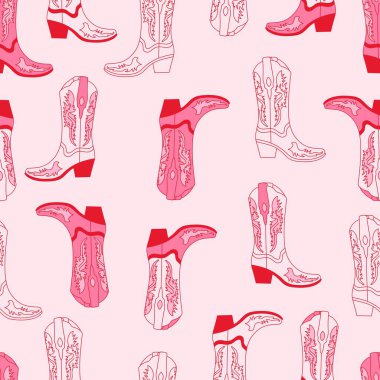 Farklı kovboy çizmeleriyle, geriye dönük, pürüzsüz desen. Pembe çizmeler. Davetiye, ambalaj kağıdı, ambalaj vs. için Vahşi Batı tarzı moda vektörü.