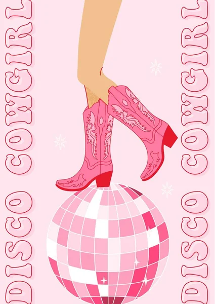 Patas Femeninas Retro Botas Vaqueras Con Bola Disco Cowgirl Disco — Archivo Imágenes Vectoriales