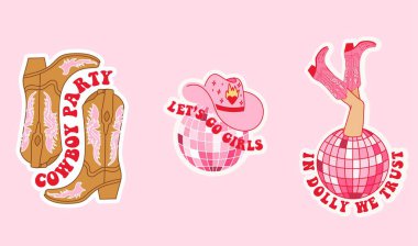 Collection with cowgirl sticker. Cowboy hat, disco ball, boot and lettering. Cowboy western and wild west theme. Hand drawn vector design for postcard, t-shirt, sticker etc. clipart