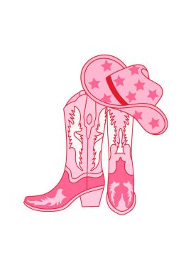 Şapkalı Retro Cowgirl çizmeleri. Kovboy kovboy ve vahşi batı teması. Kartpostal, tişört, çıkartma vs. için vektör izole tasarımı.